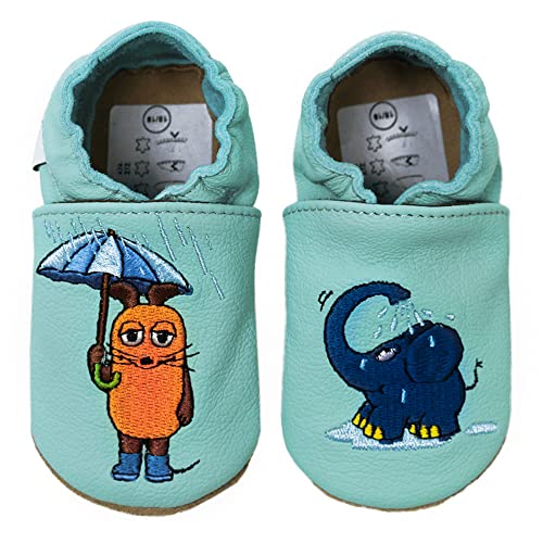 HOBEA-Germany Kitaschuhe Safestep, Kinderhausschuhe, Lederschuhe (Maus mit Elefant Regen mint, 28/29) von HOBEA-Germany