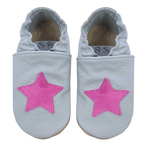 HOBEA-Germany Kitaschuhe Safestep, Kinderhausschuhe, Lederschuhe (grau Stern pink, Numeric_22) von HOBEA-Germany