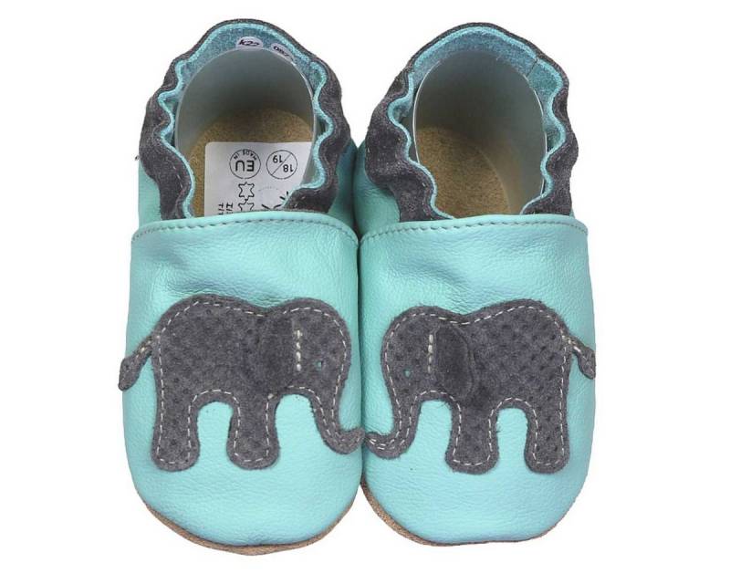 HOBEA-Germany Krabbelschuhe Elefant hellblau 18/19 (6 - 12 Monate) Krabbelsohle Krabbelschuh handgefertigt in der EU, Rutschfest und flexibel von HOBEA-Germany