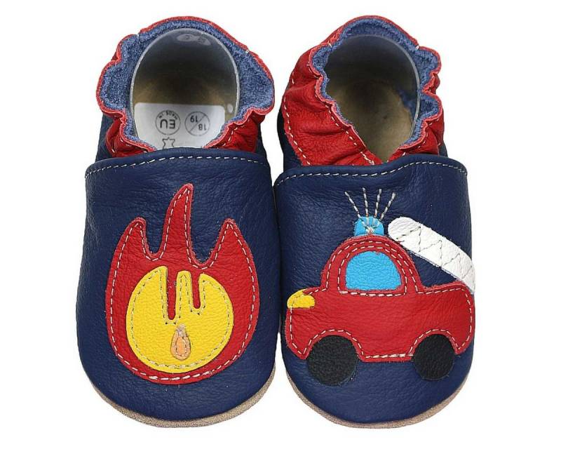 HOBEA-Germany Krabbelschuhe Feuerwehr mit Feuer 18/19 (6 - 12 Monate) Krabbelsohle Krabbelschuh handgefertigt in der EU, Rutschfest und flexibel von HOBEA-Germany