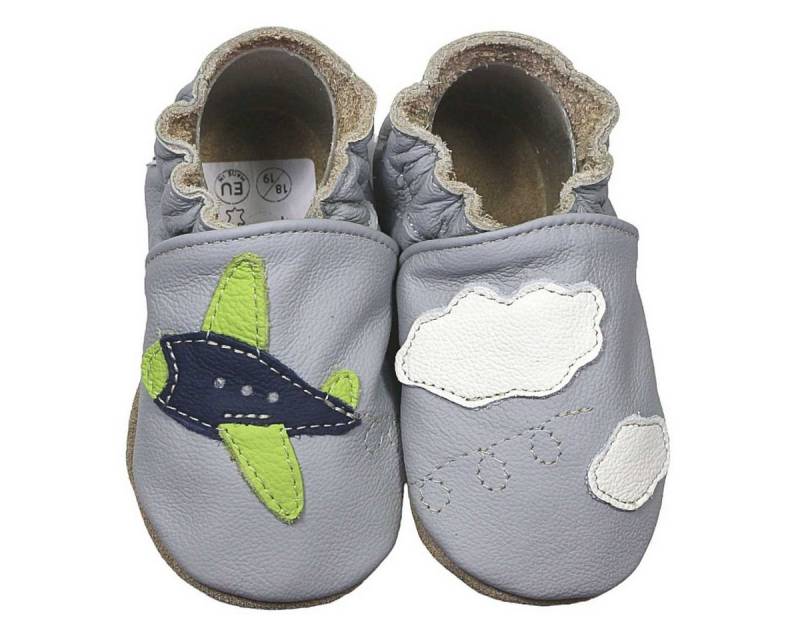 HOBEA-Germany Krabbelschuhe Flugzeug grau 16/17 (0 - 6 Monate) Krabbelsohle Krabbelschuh handgefertigt in der EU, Rutschfest und flexibel von HOBEA-Germany
