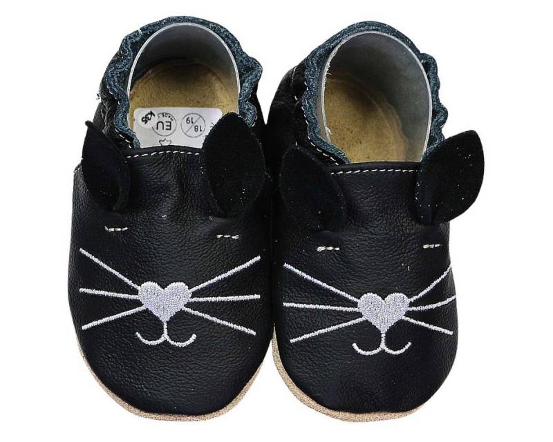 HOBEA-Germany Krabbelschuhe Katze schwarz 16/17 (0 - 6 Monate) Krabbelsohle Krabbelschuh handgefertigt in der EU, Rutschfest und flexibel von HOBEA-Germany