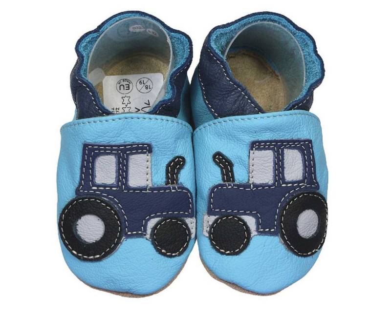 HOBEA-Germany Krabbelschuhe Traktor blau 18/19 (6 - 12 Monate) Krabbelsohle Krabbelschuh handgefertigt in der EU, Rutschfest und flexibel von HOBEA-Germany