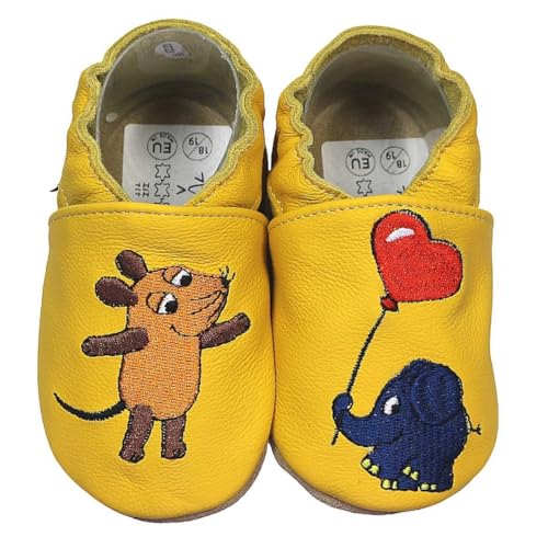 HOBEA-Germany Krabbelschuhe Unisex, Die Maus, Lederschuhe (Maus mit Elefant Herz gelb, 18/19) von HOBEA-Germany