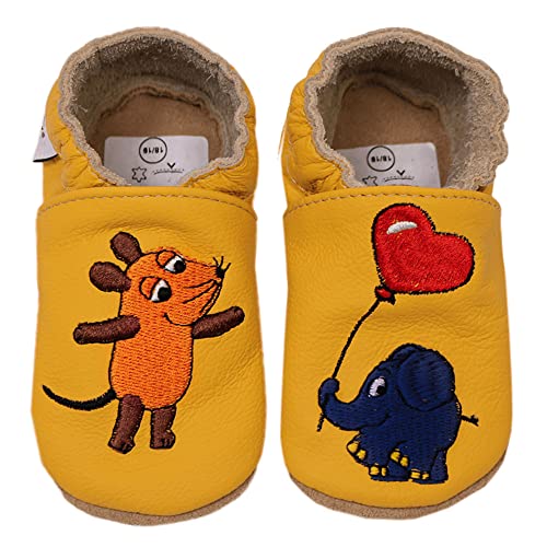 HOBEA-Germany Krabbelschuhe Unisex, Die Maus, Lederschuhe (Maus mit Elefant Herz gelb, 20/21) von HOBEA-Germany