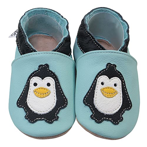 HOBEA-Germany Krabbelschuhe für Jungs und Mädchen in verschiedenen Designs, Kinderhausschuhe, Lederschuhe, Schuhgröße:16/17, Modell Schuhe: Pinguin hellblau von HOBEA-Germany