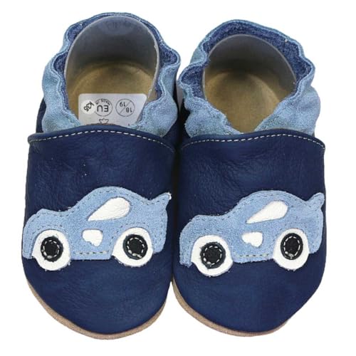 HOBEA-Germany Krabbelschuhe für Jungs und Mädchen in verschiedenen Designs, Kinderhausschuhe, Lederschuhe, Schuhgröße:18/19, Modell Schuhe: Rennauto dunkelblau von HOBEA-Germany