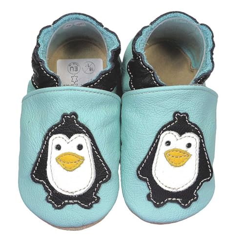 HOBEA-Germany Krabbelschuhe für Jungs und Mädchen in verschiedenen Designs, Kinderhausschuhe, Lederschuhe, Schuhgröße:20/21, Modell Schuhe: Pinguin hellblau von HOBEA-Germany