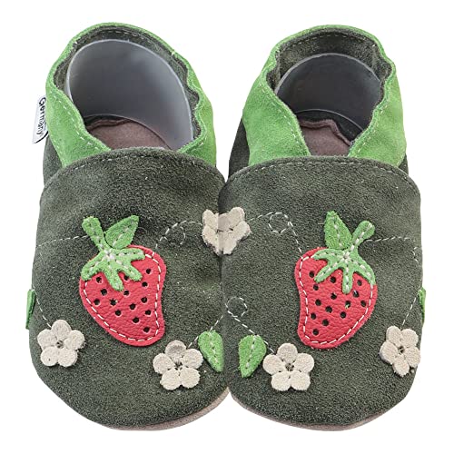 HOBEA-Germany Krabbelschuhe für Jungs und Mädchen in verschiedenen Designs, Kinderhausschuhe, Lederschuhe, Schuhgröße:22/23, Modell Schuhe: Erdbeere oliv von HOBEA-Germany