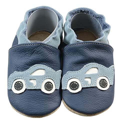 HOBEA-Germany Krabbelschuhe für Jungs und Mädchen in verschiedenen Designs, Kinderhausschuhe, Lederschuhe, Schuhgröße:22/23, Modell Schuhe: Rennauto dunkelblau von HOBEA-Germany