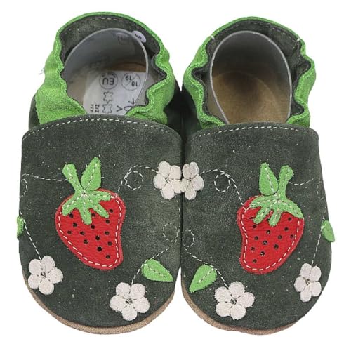 HOBEA-Germany Krabbelschuhe für Jungs und Mädchen in verschiedenen Designs, Kinderhausschuhe, Lederschuhe, Schuhgröße:26/27, Modell Schuhe: Erdbeere Oliv von HOBEA-Germany