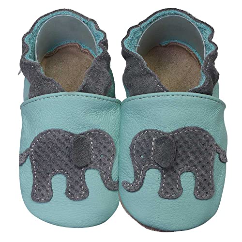 HOBEA-Germany Krabbelschuhe für Jungs und Mädchen in verschiedenen Designs, Kinderhausschuhe Jungen, Lederschuhe, Schuhgröße: 18/19, Modell Schuhe: Elefant hellblau von HOBEA-Germany