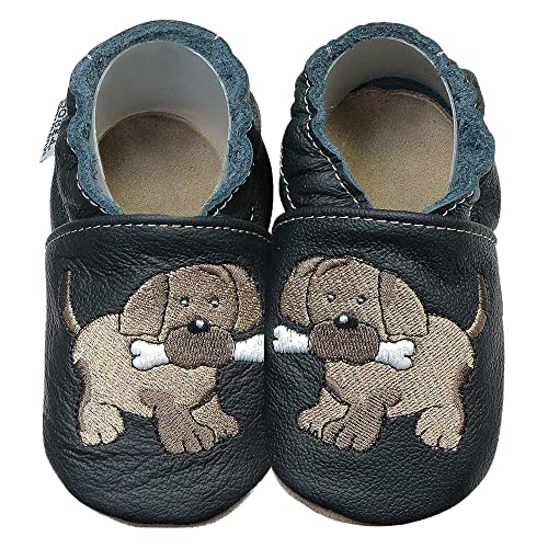 HOBEA-Germany Krabbelschuhe für Jungs und Mädchen in verschiedenen Designs, Kinderhausschuhe Jungen, Lederschuhe, Schuhgröße: 18/19, Modell Schuhe: Hund schwarz von HOBEA-Germany