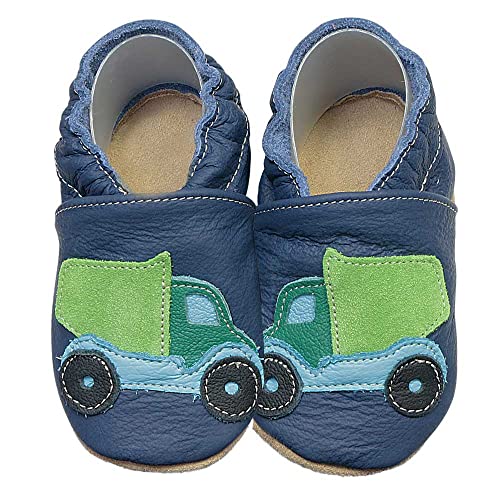 HOBEA-Germany Krabbelschuhe für Jungs und Mädchen in verschiedenen Designs, Kinderhausschuhe Jungen, Lederschuhe, Schuhgröße: 18/19, Modell Schuhe: LKW dunkelblau von HOBEA-Germany