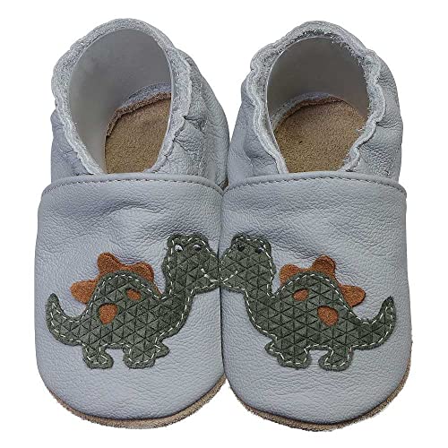 HOBEA-Germany Krabbelschuhe für Jungs und Mädchen in verschiedenen Designs, Kinderhausschuhe Jungen, Lederschuhe, Schuhgröße:16/17, Modell Schuhe: Dino grau von HOBEA-Germany