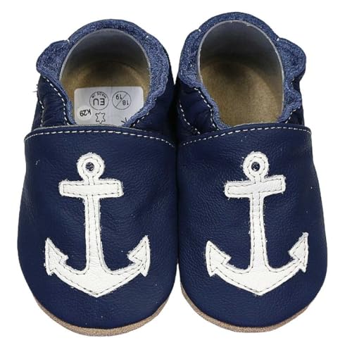 HOBEA-Germany Krabbelschuhe für Jungs und Mädchen in verschiedenen Designs, Kinderhausschuhe Jungen, Lederschuhe, Schuhgröße:16/17 (0-6 Monate), Modell Schuhe:Anker auf dunkelblau von HOBEA-Germany