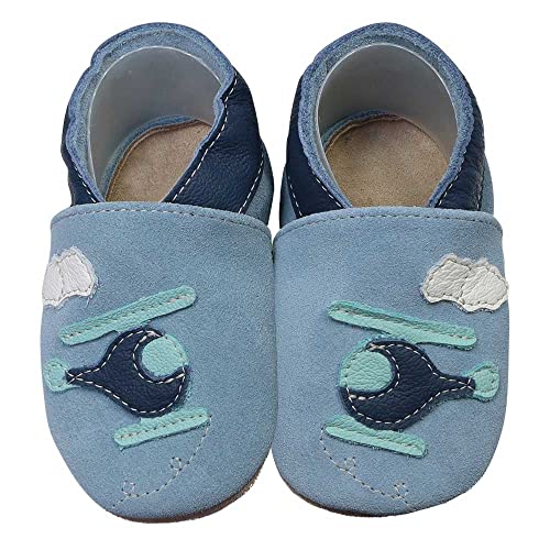 HOBEA-Germany Krabbelschuhe für Jungs und Mädchen in verschiedenen Designs, Kinderhausschuhe Jungen, Lederschuhe, Schuhgröße:18/19, Modell Schuhe: Hubschrauber hellblau von HOBEA-Germany