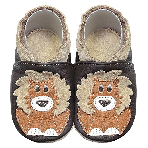 HOBEA-Germany Krabbelschuhe für Jungs und Mädchen in verschiedenen Designs, Kinderhausschuhe Jungen, Lederschuhe, Schuhgröße:20/21, Modell Schuhe: Löwe Dunkelbraun von HOBEA-Germany