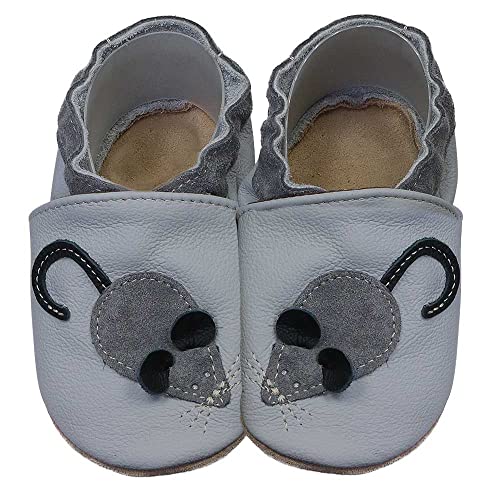 HOBEA-Germany Krabbelschuhe für Jungs und Mädchen in verschiedenen Designs, Kinderhausschuhe Jungen, Lederschuhe, Schuhgröße:20/21, Modell Schuhe: Maus grau von HOBEA-Germany