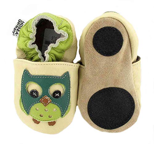 HOBEA-Germany Baby Lauflernschuhe Tiermotiv mit Anti-Rutsch-Sohle, Kinder Hausschuhe mit Tiermotiv: Eule beige, Größe: 24/25 (24-30 Mon) von HOBEA-Germany