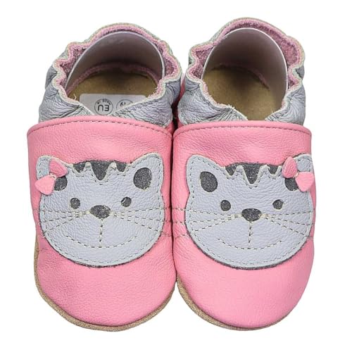 HOBEA-Germany Baby Lauflernschuhe Tiermotiv mit Anti-Rutsch-Sohle, Kinder Hausschuhe Mädchen & Jungen, Lederschuhe Baby (Katze rosa, Numeric_22) von HOBEA-Germany