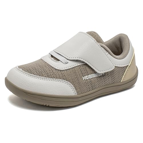 HOBIBEAR Kinder Barfußschuhe Breite Sneaker Jungen Mädchen Atmungsaktiv rutschfest Minimalistische Walking Schuhe mit Klettverschluss Outdoor Freizeit Komfortable Barfussschuhe Hellgrau，33 EU von HOBIBEAR