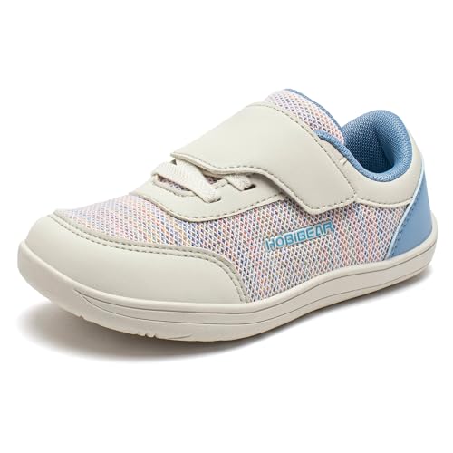 HOBIBEAR Kinder Barfußschuhe Breite Sneaker Jungen Mädchen Atmungsaktiv rutschfest Minimalistische Walking Schuhe mit Klettverschluss Outdoor Freizeit Komfortable Barfussschuhe Rosa-Blau，36 EU von HOBIBEAR