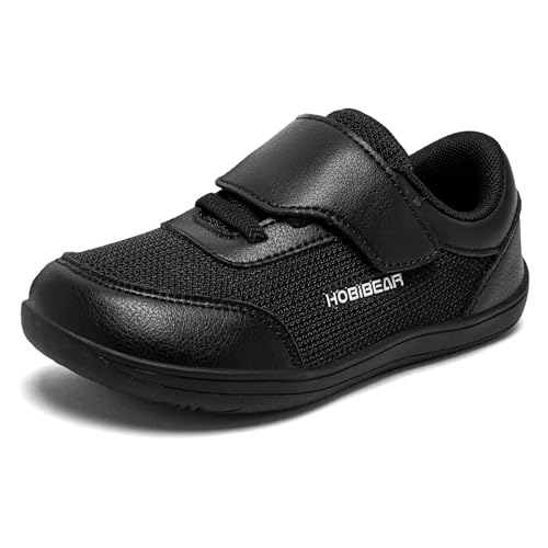 HOBIBEAR Kinder Barfußschuhe Breite Sneaker Jungen Mädchen Atmungsaktiv rutschfest Minimalistische Walking Schuhe mit Klettverschluss Outdoor Freizeit Komfortable Barfussschuhe Schwarz，36 EU von HOBIBEAR