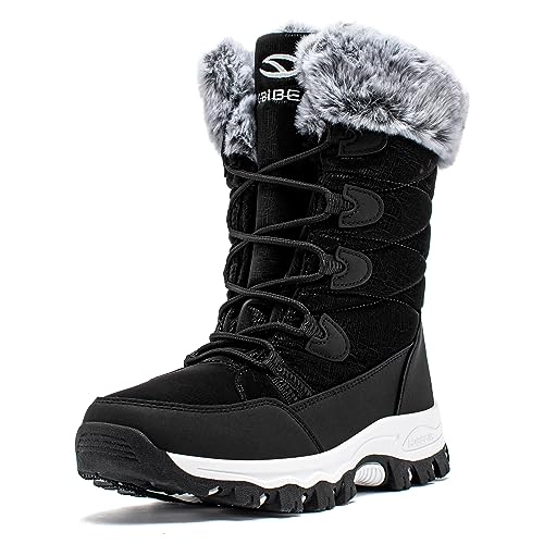 HOBIBEAR Kinder Schneestiefel Wasserdicht Outdoor Warm Kunstfell Gefüttert Winterschuhe Schwarz，34 EU von HOBIBEAR