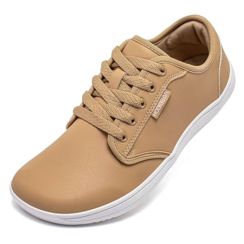 HOBIBEAR Unisex Breite Barfuss Schuhe Damen Herren Barfußschuhe Leder Minimalistische Outdoor Trail Running Walking Schuhe(Champagner,38) von HOBIBEAR