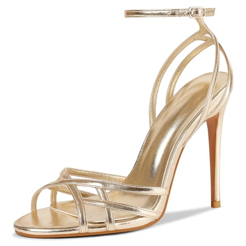 Damen Slingback Stiletto High Heels Offene Quadratische Zehen-Sandalen Riemchen Schnalle Heels Sexy Kleid Schuhe, Gold, 38.5 EU von HOCHFART