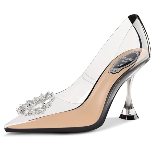 HOCHFART Damen-Pumps mit klaren Absätzen, Strass, Slingback, Kristall, spitzer Zehenbereich, Slipper, transparent, Pumps mit hohem Absatz, Schwarz, 38.5 EU von HOCHFART