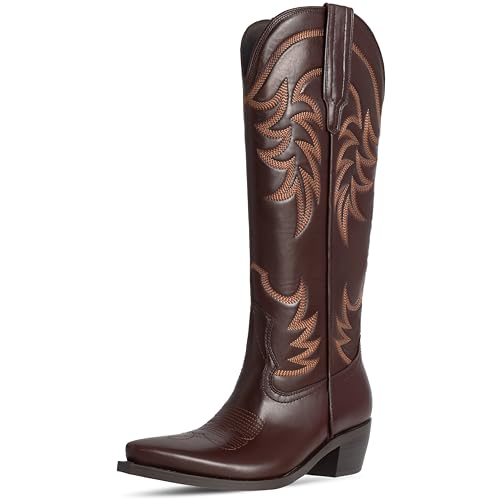 HOCHFART Western-Cowboystiefel für Damen, kniehoch, breit, wadenhoch, bestickt, spitzer Zehenbereich, klobiger Absatz, Cowgirl-Stiefel, Braun, 38 EU HOCHFART Western-Cowboystiefel für Damen, kniehoch, breit, wadenhoch, bestickt, spitzer Zehenbereich, klobiger Absatz, Cowgirl-Stiefel, Braun, 38 EU von HOCHFART