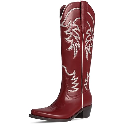 HOCHFART Western-Cowboystiefel für Damen, kniehoch, breit, wadenhoch, bestickt, spitzer Zehenbereich, klobiger Absatz, Cowgirl-Stiefel, Rot/Ausflug, einfarbig (Getaway Solids), 38.5 EU von HOCHFART