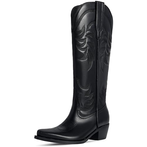 HOCHFART Western-Cowboystiefel für Damen, kniehoch, breit, wadenhoch, bestickt, spitzer Zehenbereich, klobiger Absatz, Cowgirl-Stiefel, Schwarz, 38 EU HOCHFART Western-Cowboystiefel für Damen, kniehoch, breit, wadenhoch, bestickt, spitzer Zehenbereich, klobiger Absatz, Cowgirl-Stiefel, Schwarz, 38 EU von HOCHFART