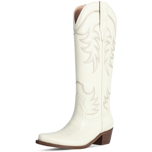 HOCHFART Western-Cowboystiefel für Damen, kniehoch, breit, wadenhoch, bestickt, spitzer Zehenbereich, klobiger Absatz, Cowgirl-Stiefel, Weiss/opulenter Garten, 39.5 EU von HOCHFART