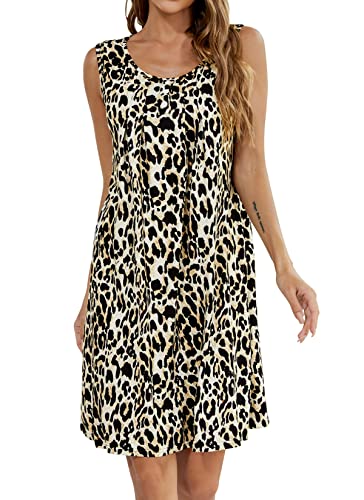 HOCOSIT Damen Blumen Nachthemden Ärmellos Nachtwäsche Plissee Knöpfe Schlafkleid U-Ausschnitt Nachtwäsche Loungewear, Leoparden-Print, X-Large von HOCOSIT