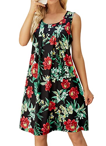 HOCOSIT Damen Blumen Nachthemden Ärmellos Nachtwäsche Plissee Knöpfe Schlafkleid U-Ausschnitt Nachtwäsche Loungewear, Schwarz, Large von HOCOSIT