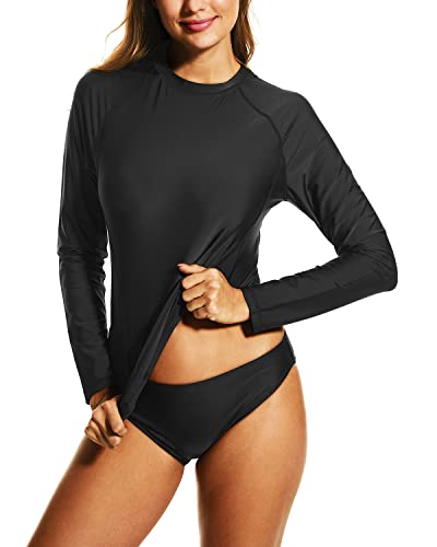 HODOSPORTS Damen UPF 50+ Rashguard Badeanzug UV Sonnenschutz Schwimmshirt Langarm, Schwarz, Medium von HODOSPORTS