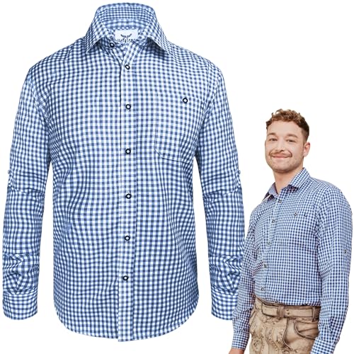 HOFGLANZ® Traditionelles Trachtenhemd Herren Langarm [KARIERT IN BLAU] - Hochwertiges Kariertes Trachten Hemd für Männer - Bayrisches Oktoberfest Hemd für Herren Outfit (Größen XS-4XL) von HOFGLANZ