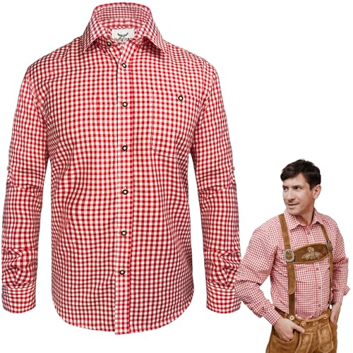 HOFGLANZ® Traditionelles Trachtenhemd Herren Langarm [KARIERT IN ROT] - Hochwertiges Kariertes Trachten Hemd für Männer - Bayrisches Oktoberfest Hemd für Herren Outfit (Größen S-4XL) von HOFGLANZ