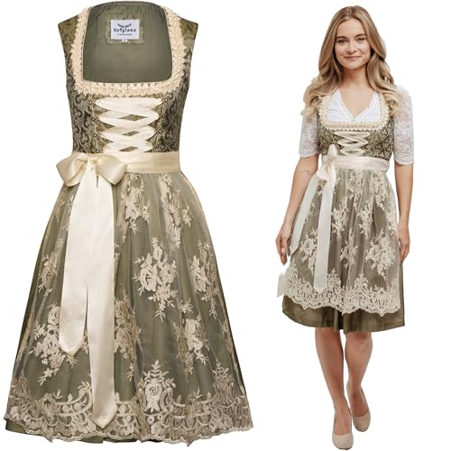 HOFGLANZ® Traditionelles Dirndl Damen [GRÜN & BEIGE] - Hochwertiges 2-teiliges Trachtenkleid Damen mit eleganter Dirndlschürze - Trachten - Midi Dirndl für Oktoberfest & Volksfeste - (Größe 30-52) von HOFGLANZ