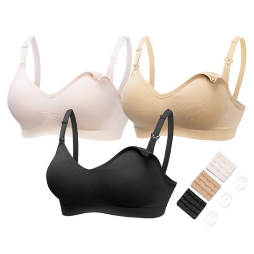 HOFISH Damen 3er-Pack Seamless Clip unten tief V-Ausschnitt, Push-Up-Still-BH Schwangerschafts-BHs 3Pack inlcuding Extenders & Clips Klein 3pcs / Packung (Push-Up: pink-schwarz-beige) von HOFISH