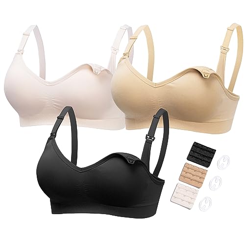 HOFISH Damen 3er-Pack Seamless Clip unten tief V-Ausschnitt, Push-Up-Still-BH Schwangerschafts-BHs 3Pack inlcuding Extenders & Clips Klein 3pcs / Packung (Push-Up: pink-schwarz-beige) von HOFISH