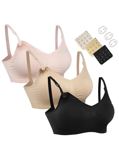 HOFISH Damen Still-BHS nahtlos – 3er Pack Bralettes für Schwangerschaft & Stillzeit, mit BH-Verlängerungen & Clips, volle Abdeckung, Pink/Schwarz/Beige, Größe XL von HOFISH