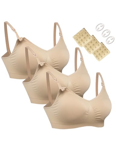 HOFISH Damen 3er-Pack Nahtlose Still-BHS für Schwangerschaft, volle Abdeckung, mit zusätzlichen BH-Verlängerungen & Clips, 3er-Pack, Beige, Größe L von HOFISH