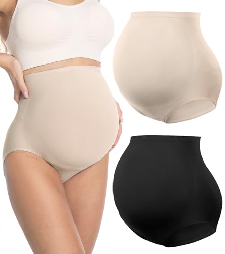 HOFISH Damen Umstandsunterwäsche, hochgeschnitten, nahtlos und stützend, Schwangerschaftsformwäsche über dem Bauch, 2er-Pack, Schwarz und Beige, Größe L von HOFISH