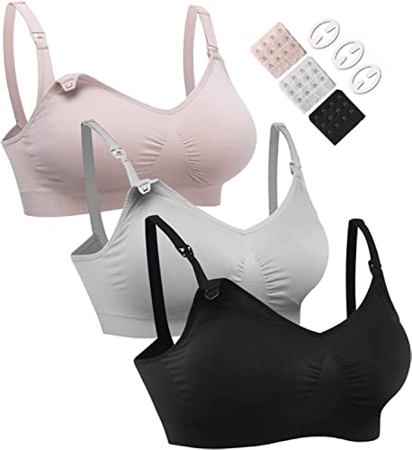 HOFISH Schwangerschafts-BHs, Bralette, Größe S-XXL, mit extra BH-Verlängerungen und Clips, 3 Stück, Schwarz / Grau / elegantes Rosa, small von HOFISH