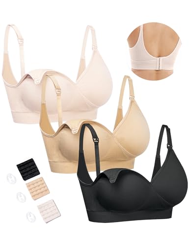 HOFISH Still-BHs zum Stillen, drahtlos, V-Ausschnitt, Schwangerschaft, Frauen, Schwangerschaft, Schlaf, Bralette mit zusätzlichen Verlängerungen, 3 Stück, Beige Schwarz Pink, X-Large von HOFISH