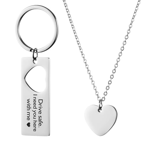 HOFOYA Drive Safe Schlüsselanhänger-Halsketten-Set, 2 Stück, Drive Safe I Need You Here with Me, Schlüsselanhänger, Herren-Geschenk, Trucker-Geschenk, Fahrer-Geschenk. von HOFOYA